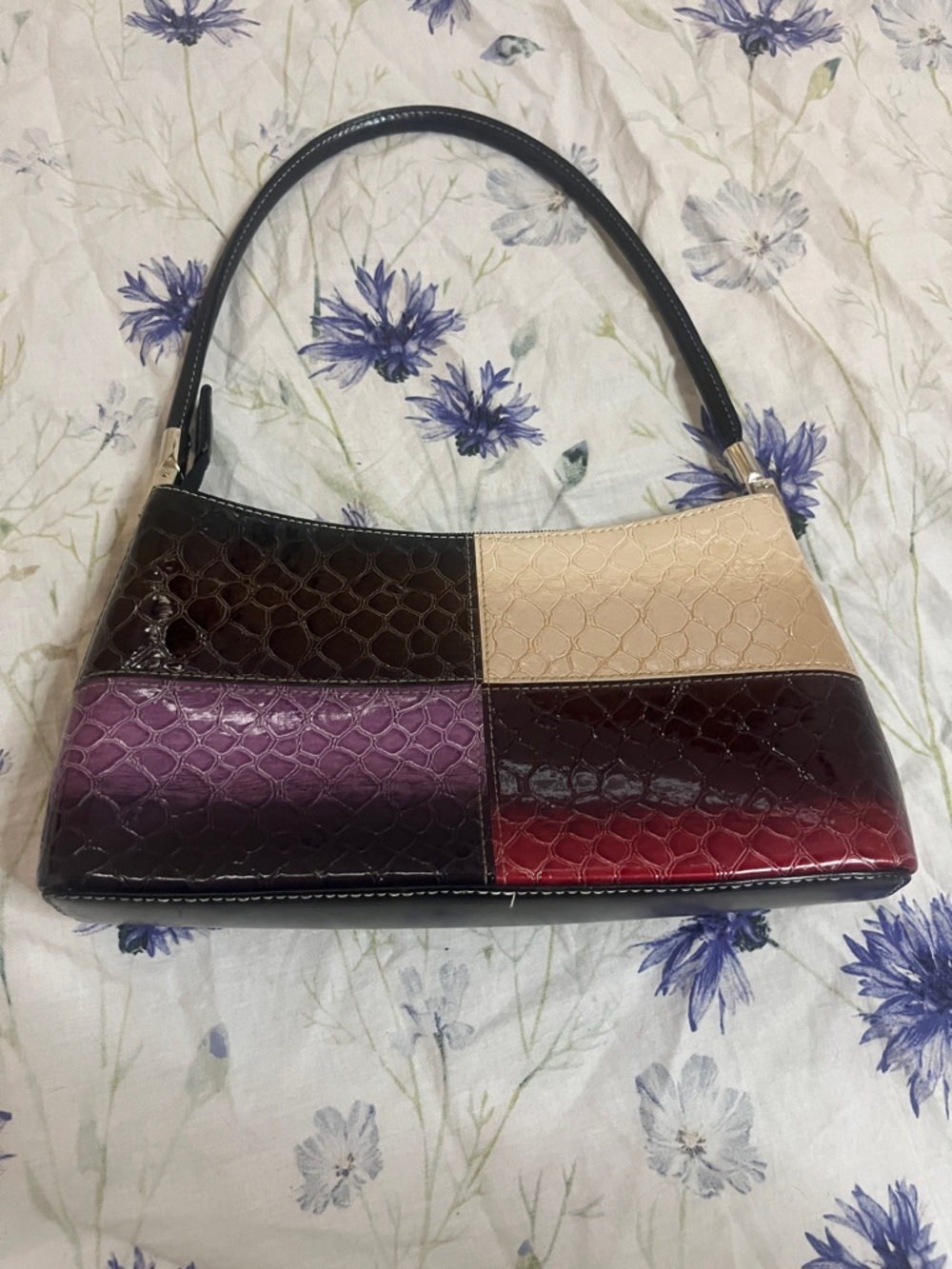 Patchwork Patent Leather Shoulder Bag - Black, Burgundy, Purple & Cream
